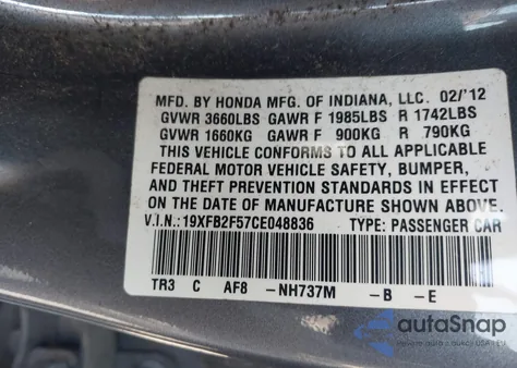 2012 Honda Civic Lx from USA, damaged, VIN 19XFB2F57CE048836